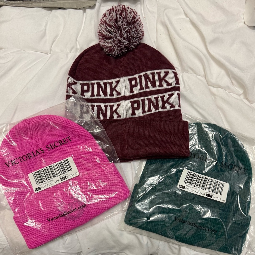 Victoria's Secret PINK Knit Beanie Trio - Maroon, Hot Pink, Deep Green